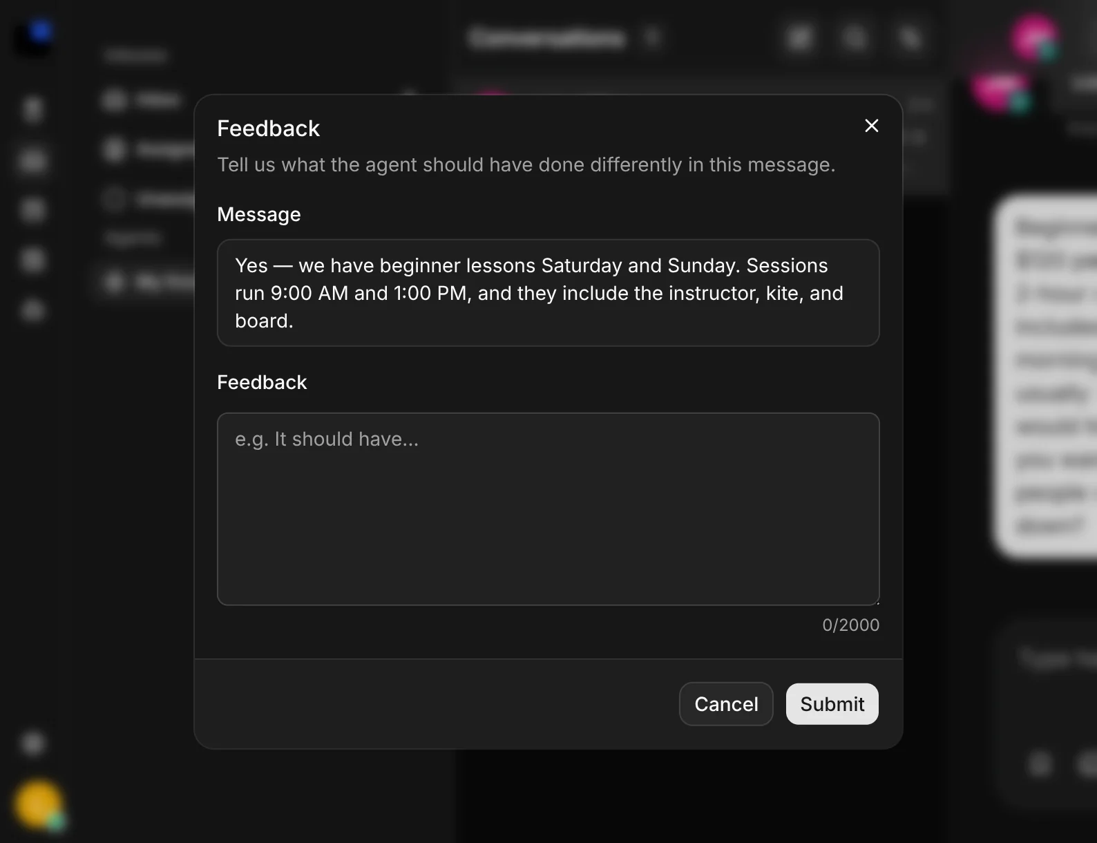Feedback modal for correcting an agent message